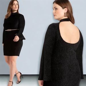 NWT Eloquii Size 16 Black Textured Bell Sleeve Bodicon Dress